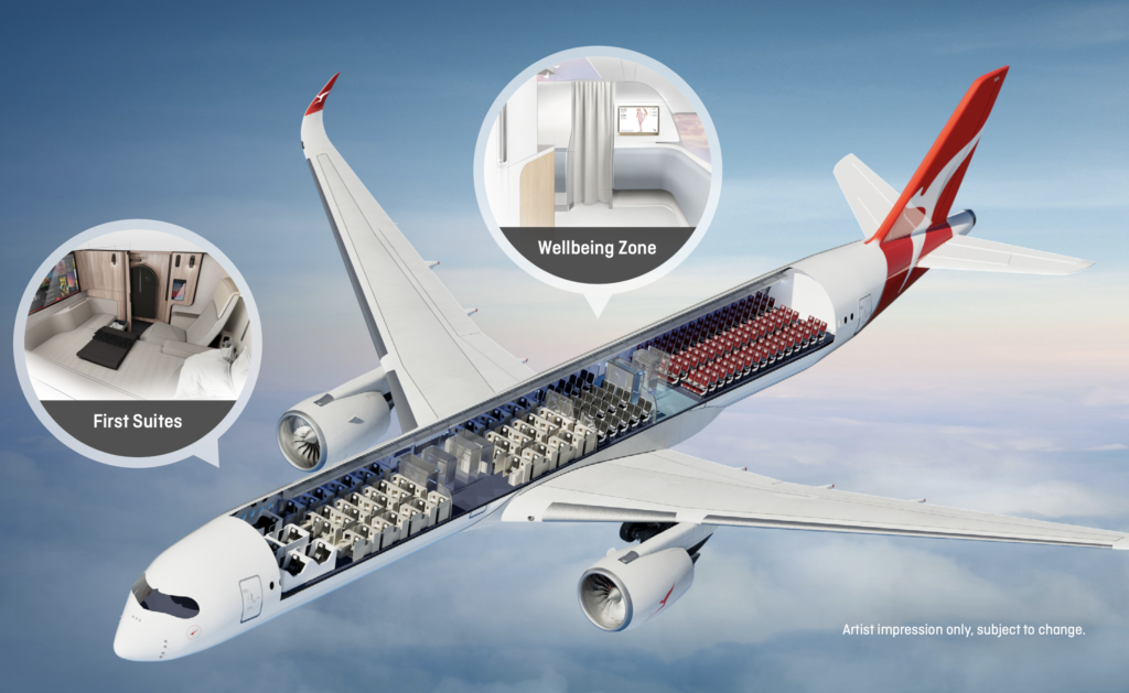 A graphic of the Qantas A350 cutaway. The aircraft roof is missing so you can see the seat layout inside.