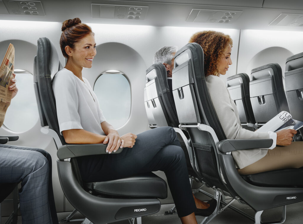 Female passengers are sitting in the BL3710 seat by Recaro has been selected for KLM