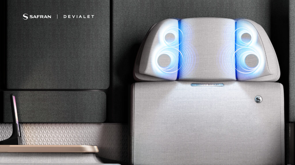 Safran Seats' Euphony sound experience is shown via a rendering of sound coming from the headrest