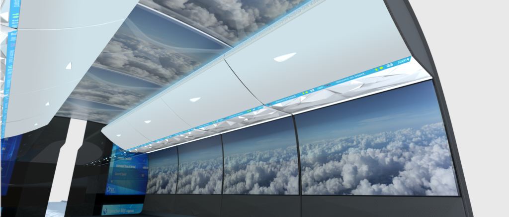 A rendering of FACC'S BIOS FUTURE CABIN. Overhead bins are surround by imagery of clouds.