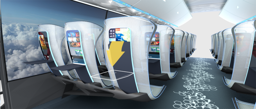 Large screens cover more than half the back of these futuristic looking airplane seats by FACC for BIOS FUTURE CABIN