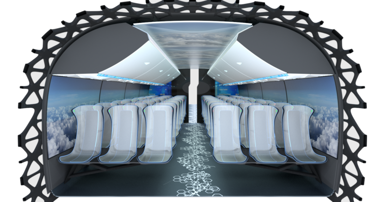 A rendering of FACC'S BIOS FUTURE CABIN. Sleek curved seats look like they are floating above the floor.