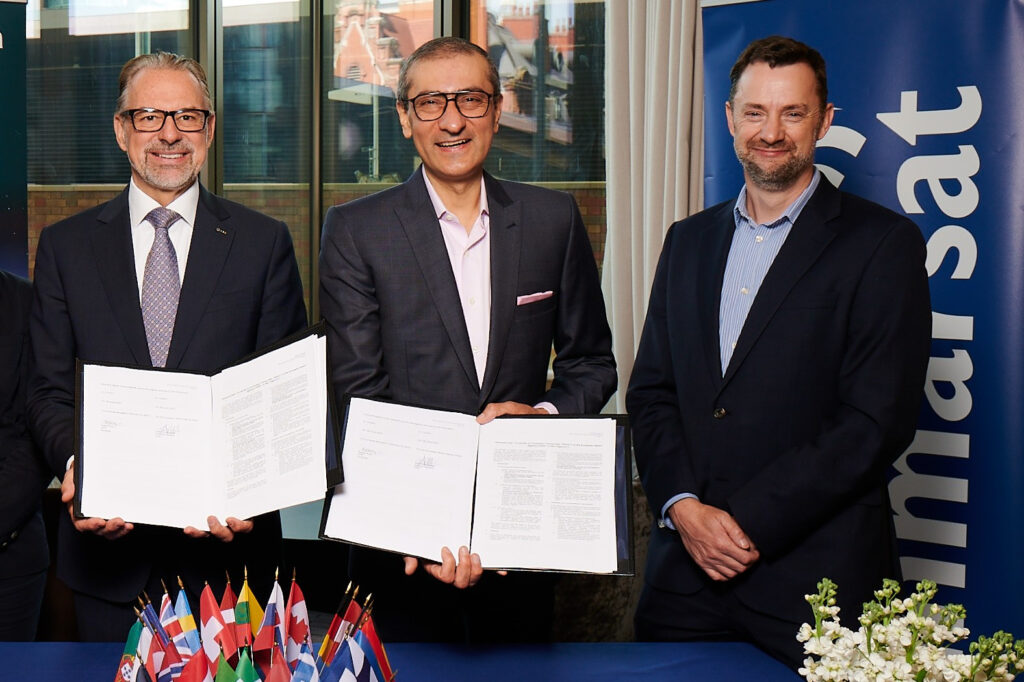 L-R: ESA Director General Josef Aschbacher, Inmarsat CEO Rajeev Suri and UK Space Agency CEO Paul Bate at the contract signing for the Iris programme’s globalisation