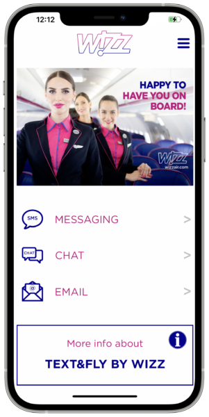 Screenshot of Wizz Air's app showing integration with ASIP Bluetooth-powered texting service