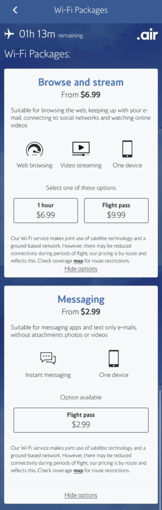 A screenshot of the Wi-Fi packages from Hamburg to London on this British Airways flight. 