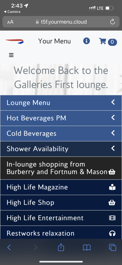 Menu for the First Class lounge is displayed on a mobile device. 