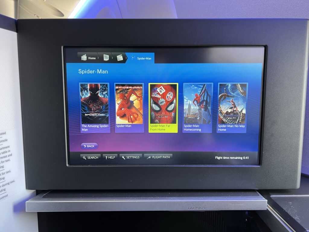 A Thales IFE system displays the movie selection onboard a British Airways 777-200ER