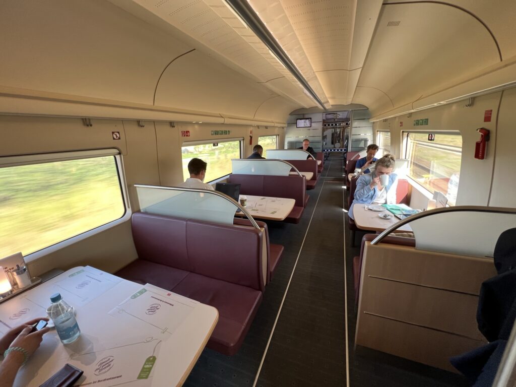 Dining car onboard DB’s Deutsche Bahn InterCity Express (ICE) between Hamburg and Berlin