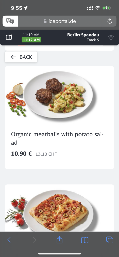 Screenshot of the menu showing meatballs with potato salad