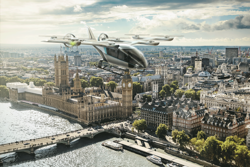 Rendering of the EVA eVOTL aircraft over a city.