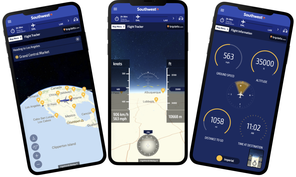 3 mobile devices are showing flight tracking information from the FlightPath3d Mobile App for Southwest