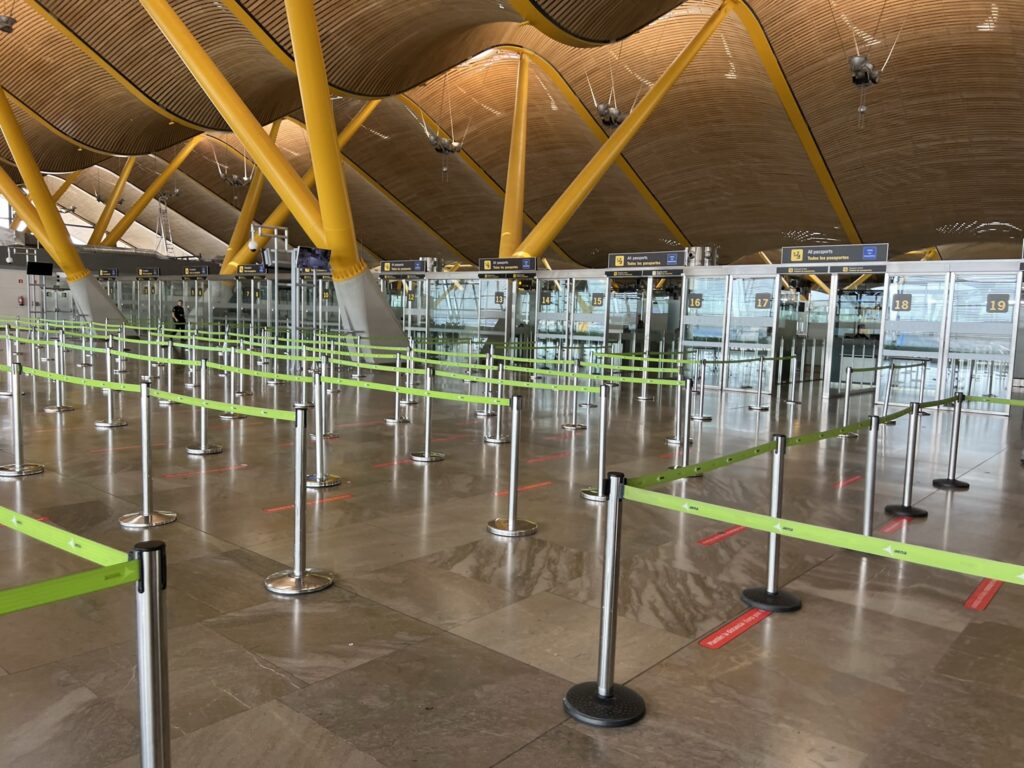 A photo of Madrid airport immigration empty of passengers,