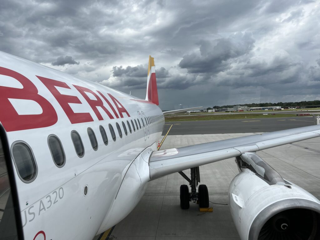 Parked at the gate, the Iberia A320 that ferried the author from Madrid to Hamburg is shown