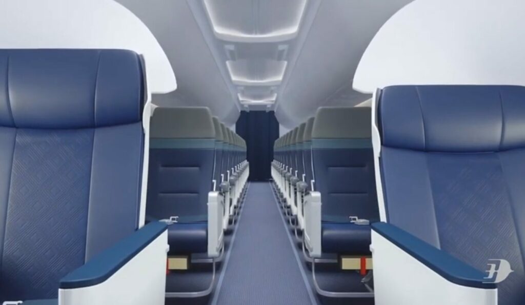 Malaysia Airlines Boeing 737-800NG aircraft cabin interior featuring business and economy. All seats are blue, but the economy seats are accented with grey and teal at the top.