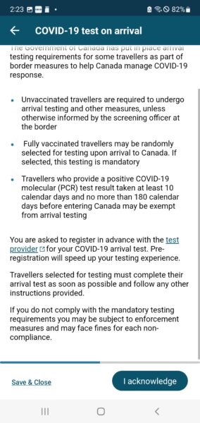 Screenshot of ArriveCAN app warning that travellers can face random COVID-19 testing