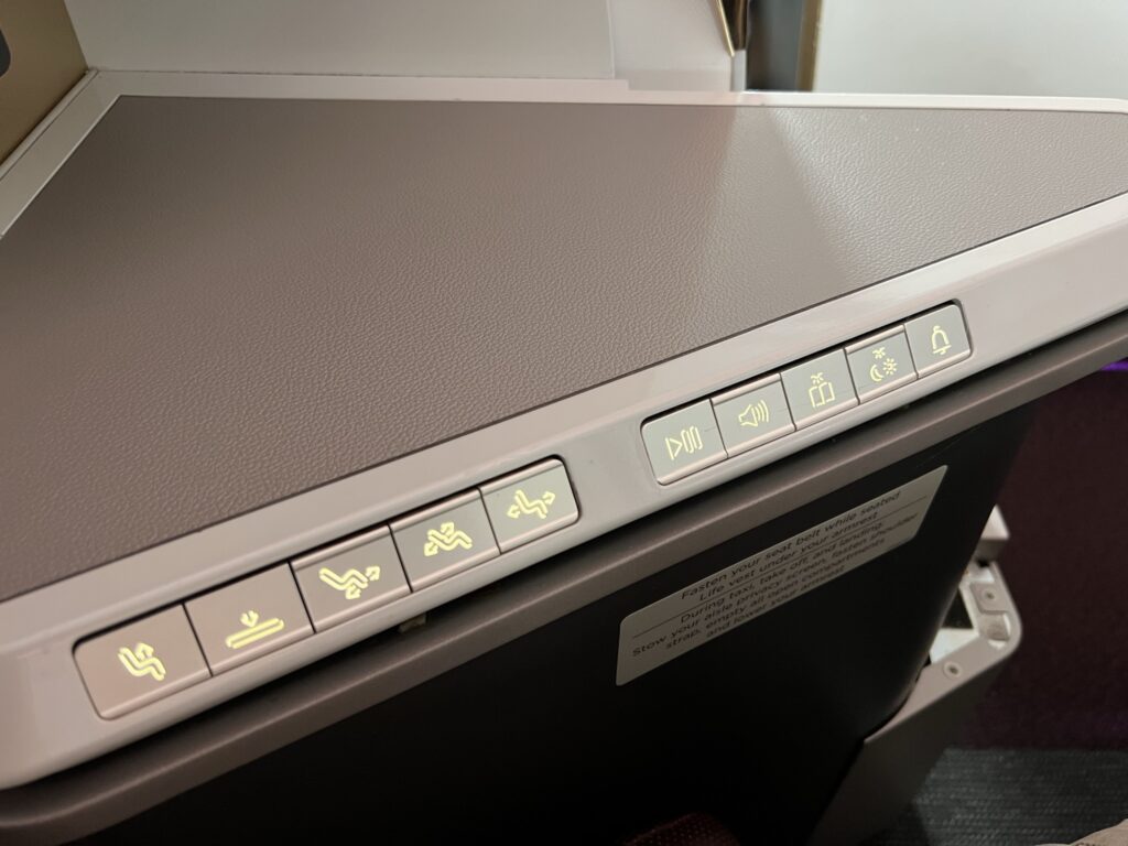 A close up image of the seat controls for the Upper Class suite on the Virgin Atlantic A350-1000