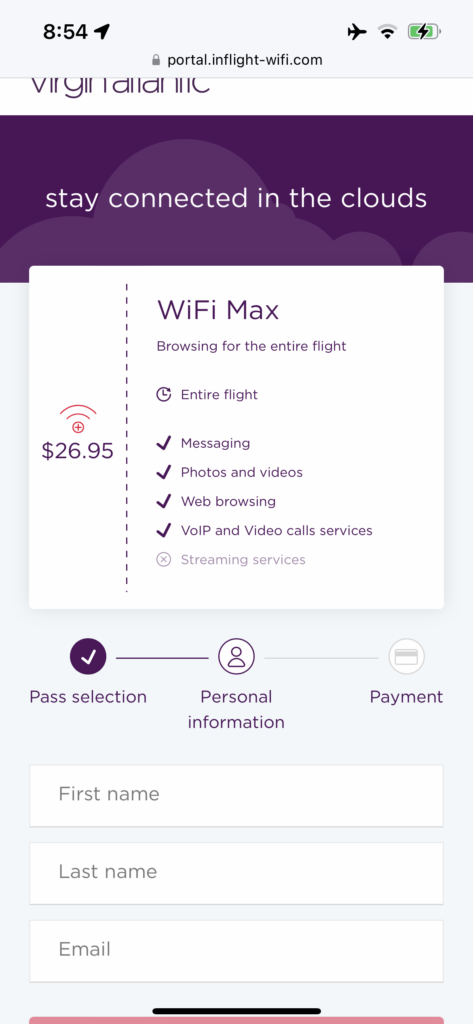 A screen grab of the Wi-Fi pricing tiers onboard the Virgin Atlantic A350