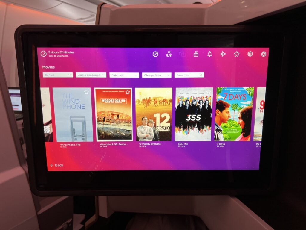 Large IFE screen showing a selection of content onboard the Virgin Atlantic A350-1000