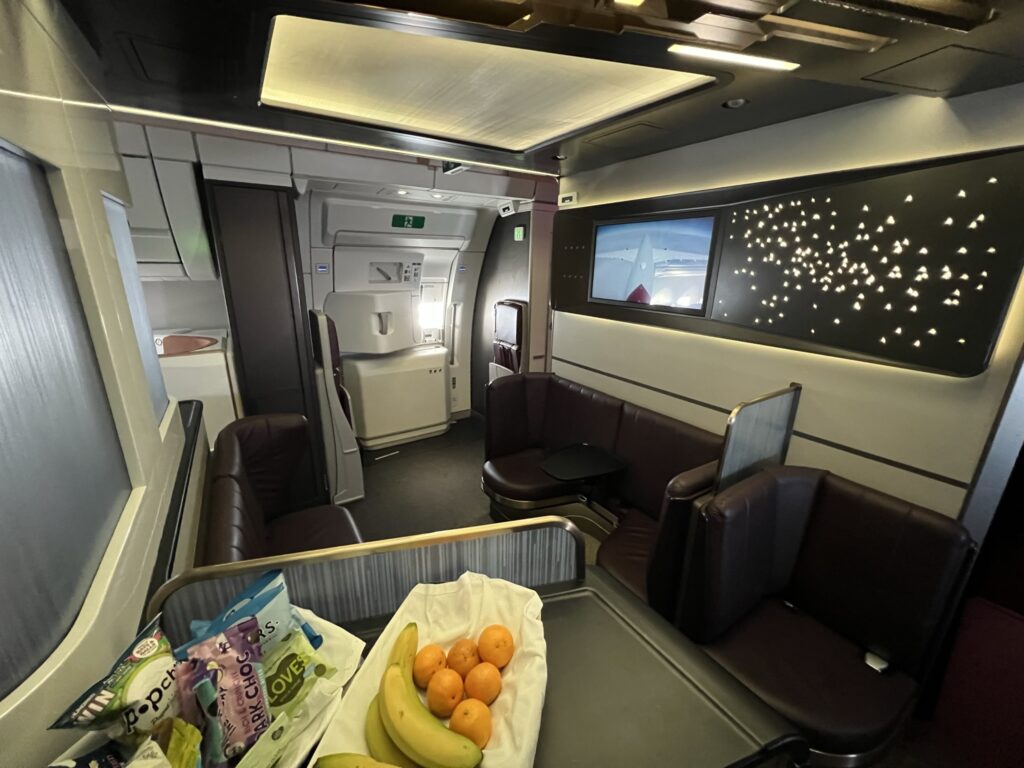 Virgin Atlantic loft space with fruit and snacks on offer