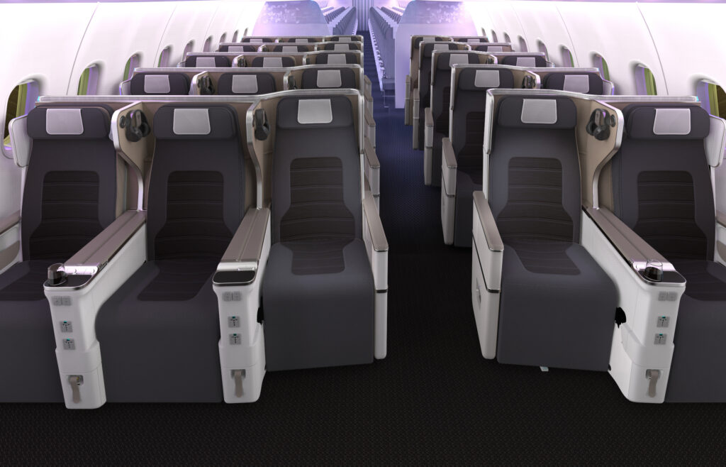 HAECO Cabin Solutions’ 5-abreast Eclipse Staggered premium economy seat is all grey in this cabin mockup