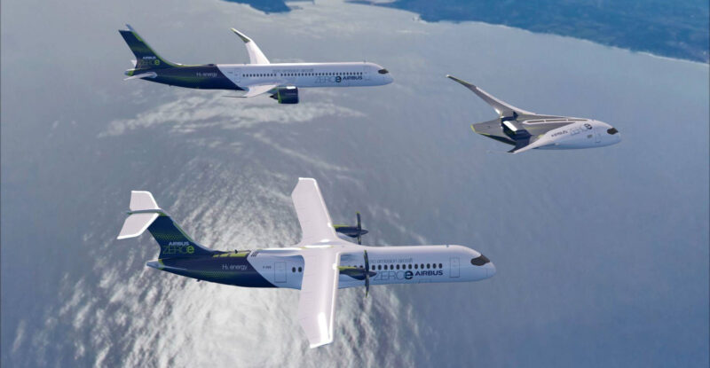 Various Airbus aircraft in flight.