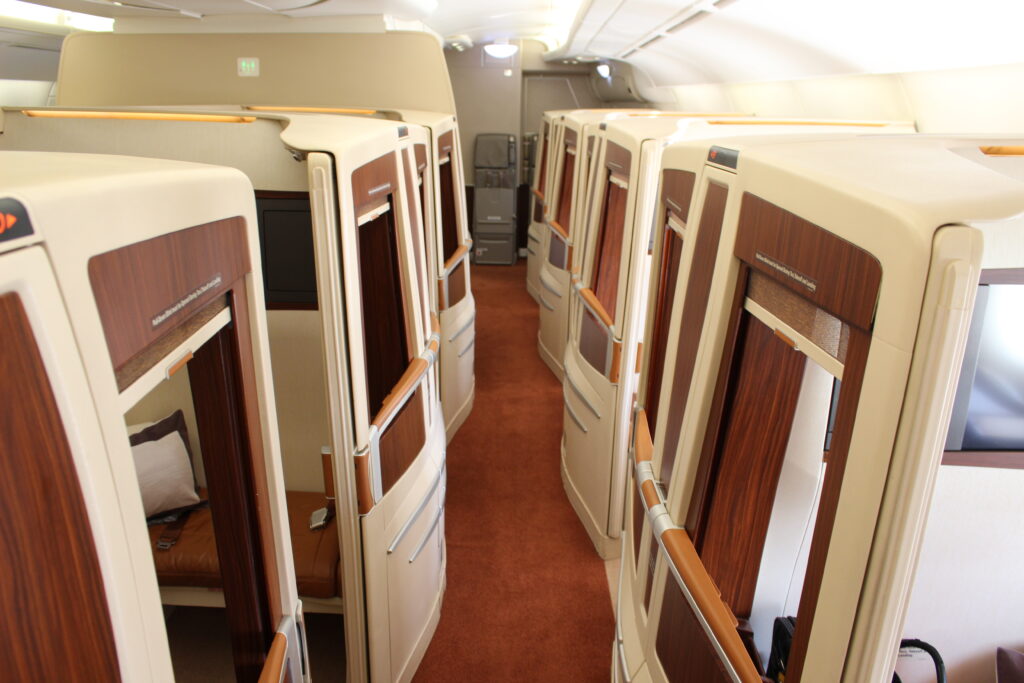 Singapore Airlines' A380 first class suites are pictured here, offering doors and enclosed, private individual cabins