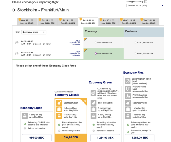 A screenshot of the Lufthansa online booking process showing the fare pricing.