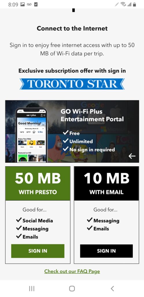 A screenshot showing the GO Wi-Fi Plus data packages, and an advertisement for the Toronto Star