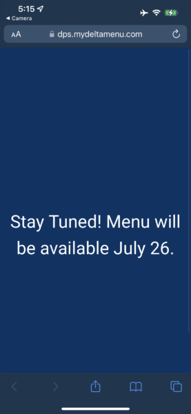 A screenshot of a message that says "Stay tuned! Menu will be available July 26."