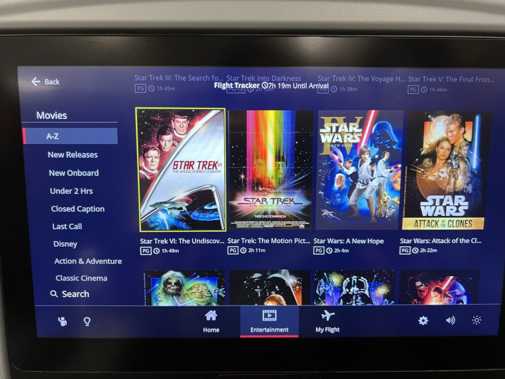 Delta Premium Select in-seat IFE content selection. Star Trek and Star Wars titles are shown