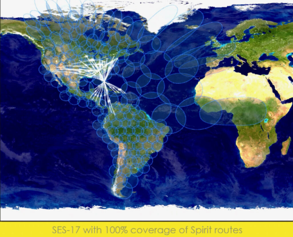 A map showing the SES-17 coverage. The satellite provides 100% coverage of Spirit's routes including into South America