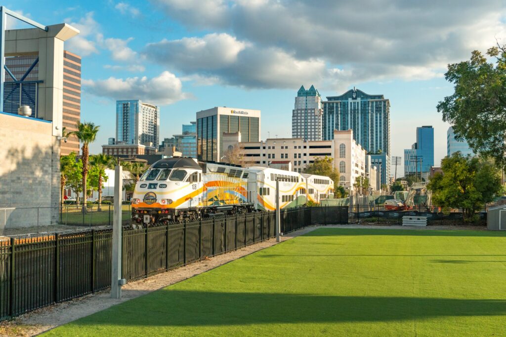 SunRail train passing through a Florida city.