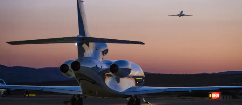 Private Jet ready to take off at dusk