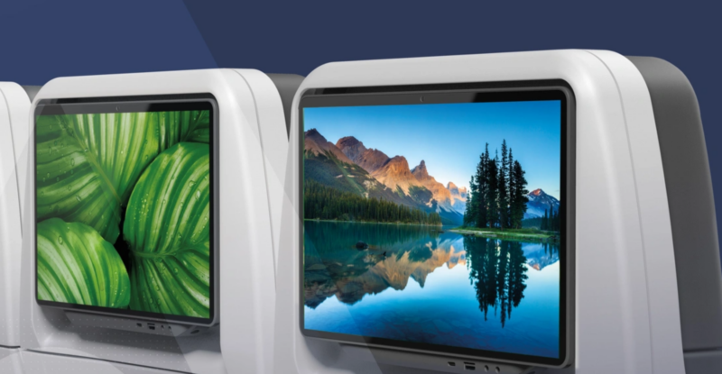 A close up of two Thales IFE screens in two side-by-side aircraft seats