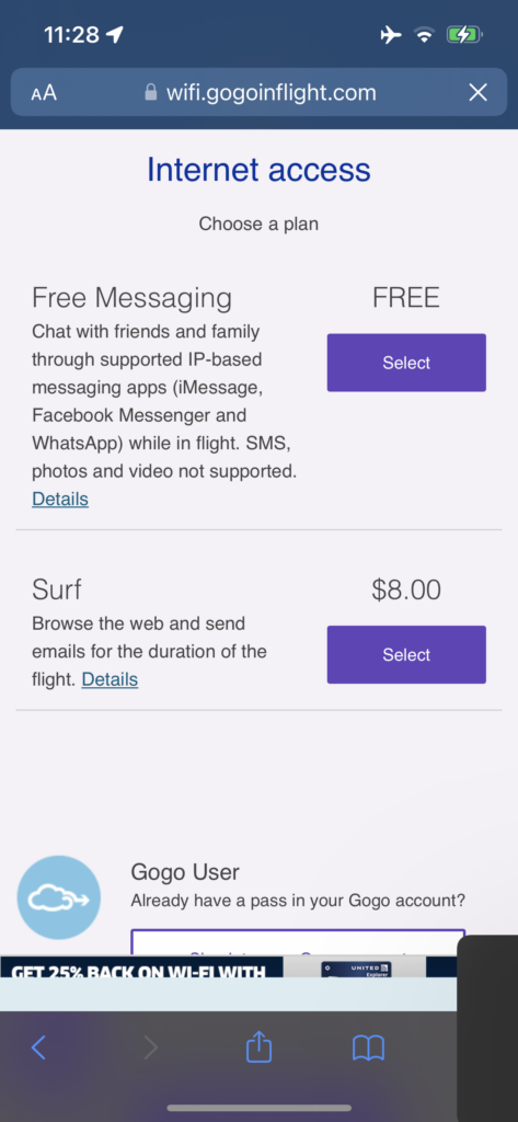 A screenshot of the price points for Wi-Fi on the aircraft.