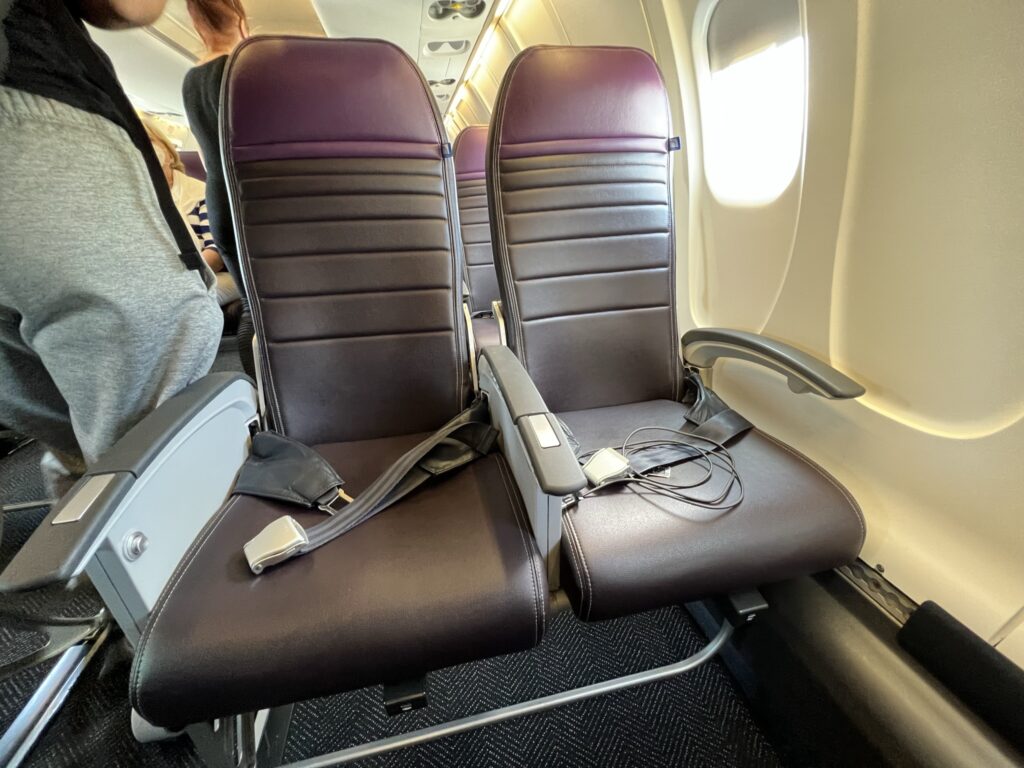 United Airlines Premium Economy class seat double onboard the CRJ550. 