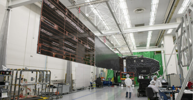 With the integration of its solar panels, the first ViaSat-3 satellite completes space vehicle integration at Boeing's El Segundo, Calif. factory. The satellite is seen here in the factory.