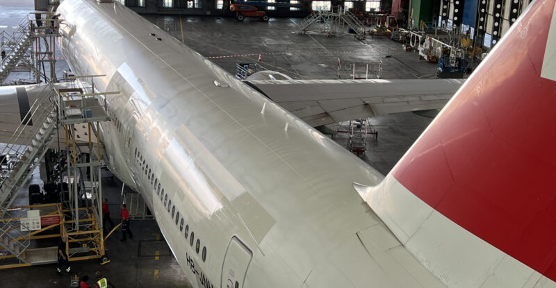 AeroSHARK surface technology jointly developed by Lufthansa Technik and BASF is on a SWISS aircraft in the hanger.