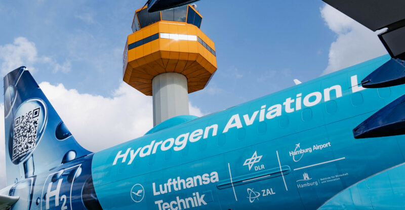 A decommissioned A320 is painted bright blue and made into The Hydrogen Aviation Lab by Lufthansa Technik