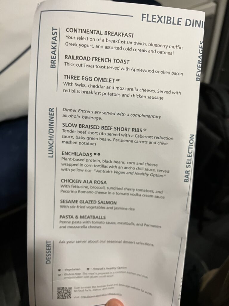 Menu card for this Amtrak ride (though some items were not available) 