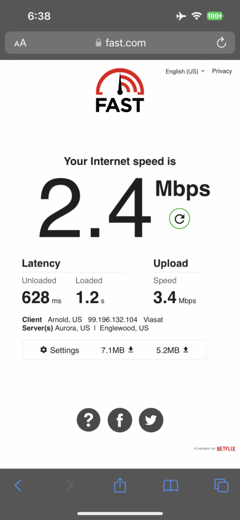 A screenshot of the Internet speed onboard the Delta A321neo