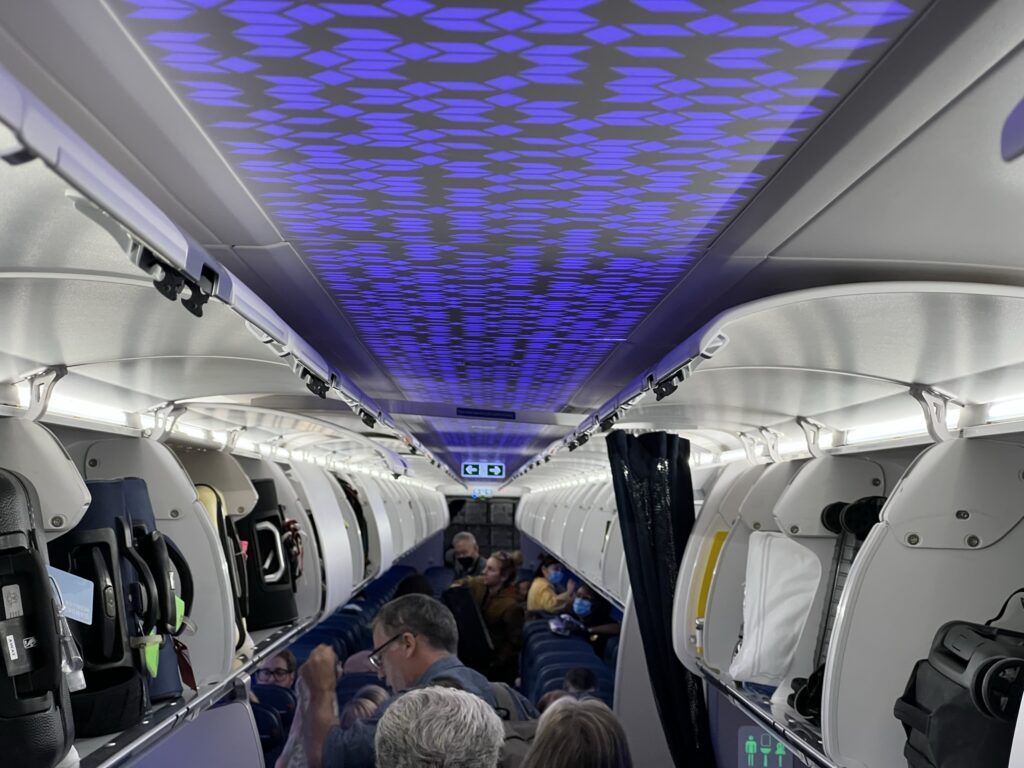 Delta A321neo aircraft interior shot of the overhead bins. 