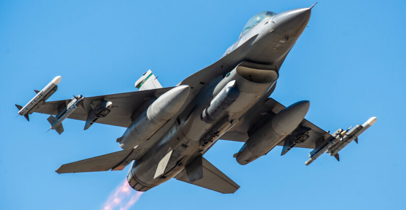 F-16 in-flight with a blue sky as backdrop