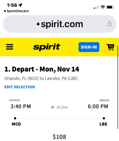 A screen shot on a mobile device of a Spirit Airlines flight selection.