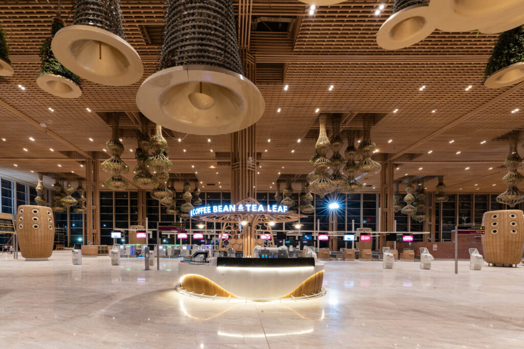 BLR Airport Terminal 2 has a bamboo aesthetic throughout.