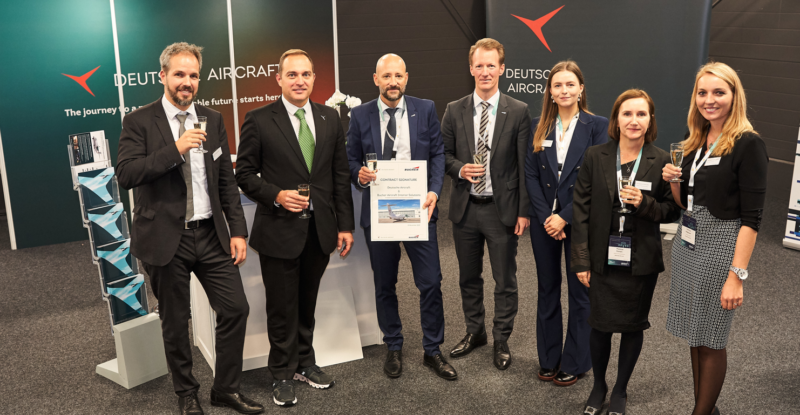 From left to right: Nico Neumann, COO Deutsche Aircraft; Maximilian D. Fahr, VP Supply Chain, Deutsche Aircraft; Daniel Marti, Director Sales Galley, Bucher Leichtbau AG; Beat Burlet, CEO, Bucher Leichtbau AG; Hannah Crawford, Strategic Buyer Deutsche Aircraft; Patricia Ferrari, Head of Procurement, Deutsche Aircraft; Patricia Höglauer, Strategic Buyer, Deutsche Aircraft