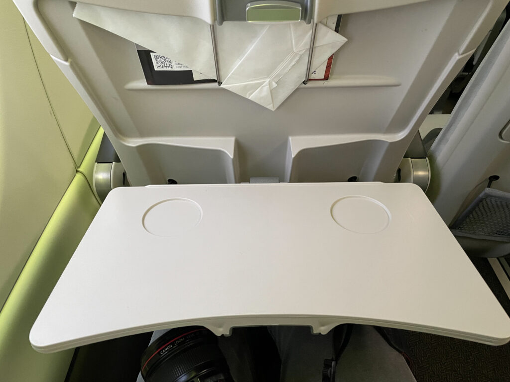 A tray table sits out on an aircraft seatback.