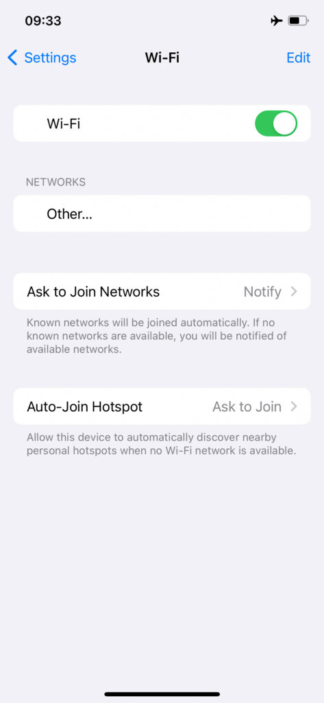 A screenshot of the Wi-Fi settings on a mobile device. No networks can be found.