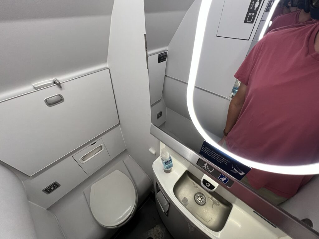 A clean aircraft lavatory, as snapped by the author (who can be seen in the lav's mirror).