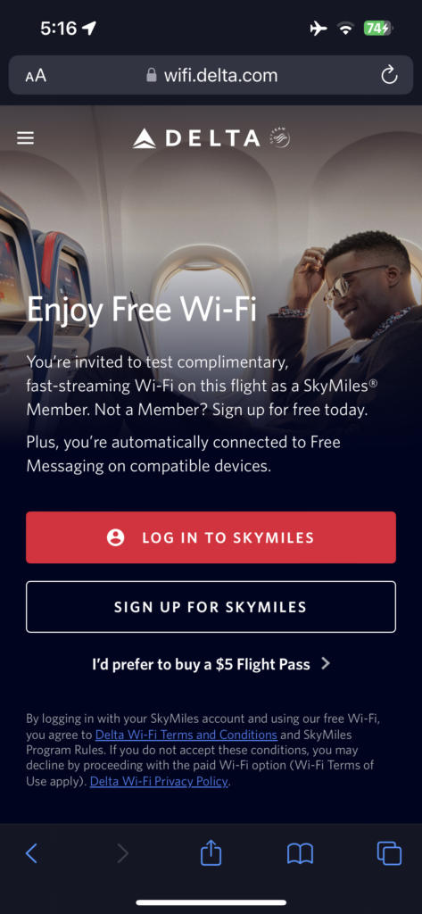 Delta's advertisement for free Wi-Fi on a mobile device. 